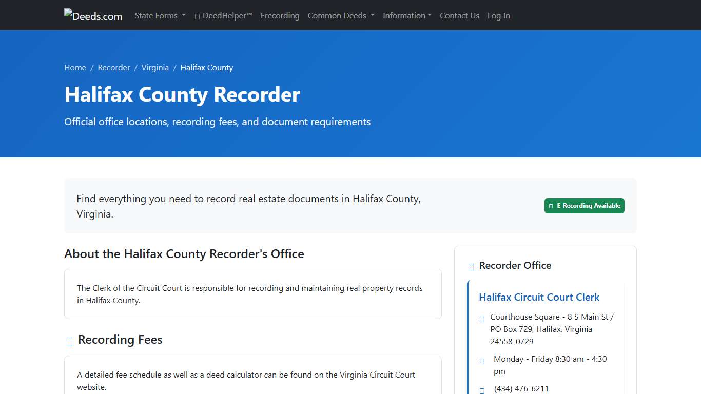 Halifax County Recorder Information, Virginia - Deeds.com